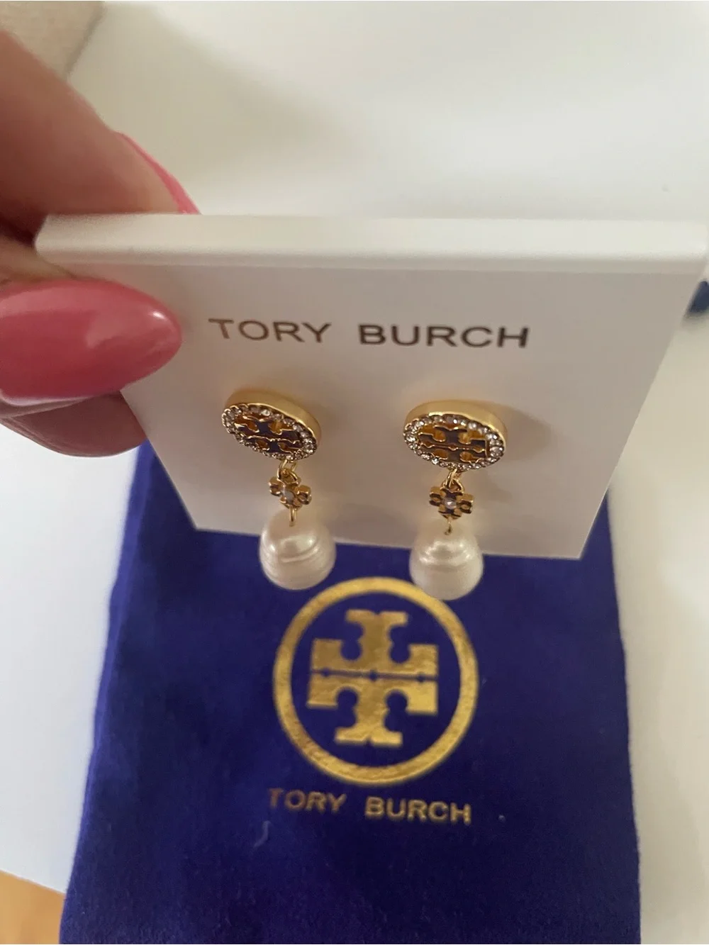 Tory Burch Gold Logo Drop Earrings with White Pearl Drops